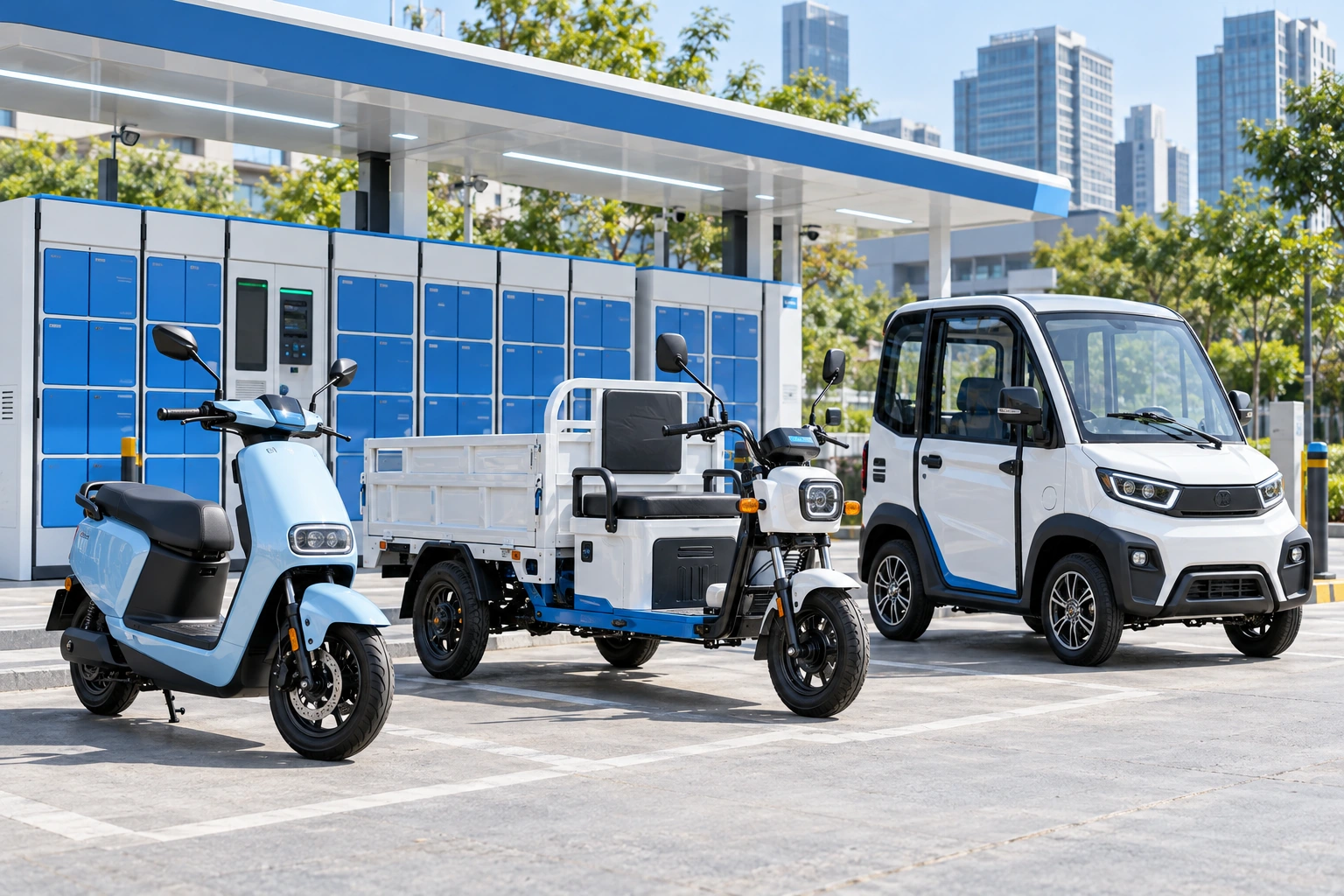 二轮车、三轮车与低速四轮车在补能服务点的场景示意