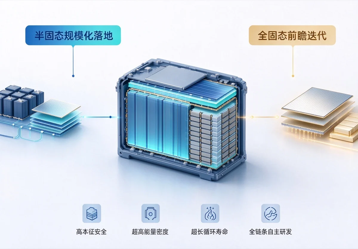 半固态规模化落地与全固态电池研发示意图